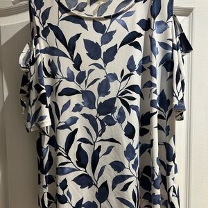 Nine West Blue and White Leaf Print Cold Shoulder Top